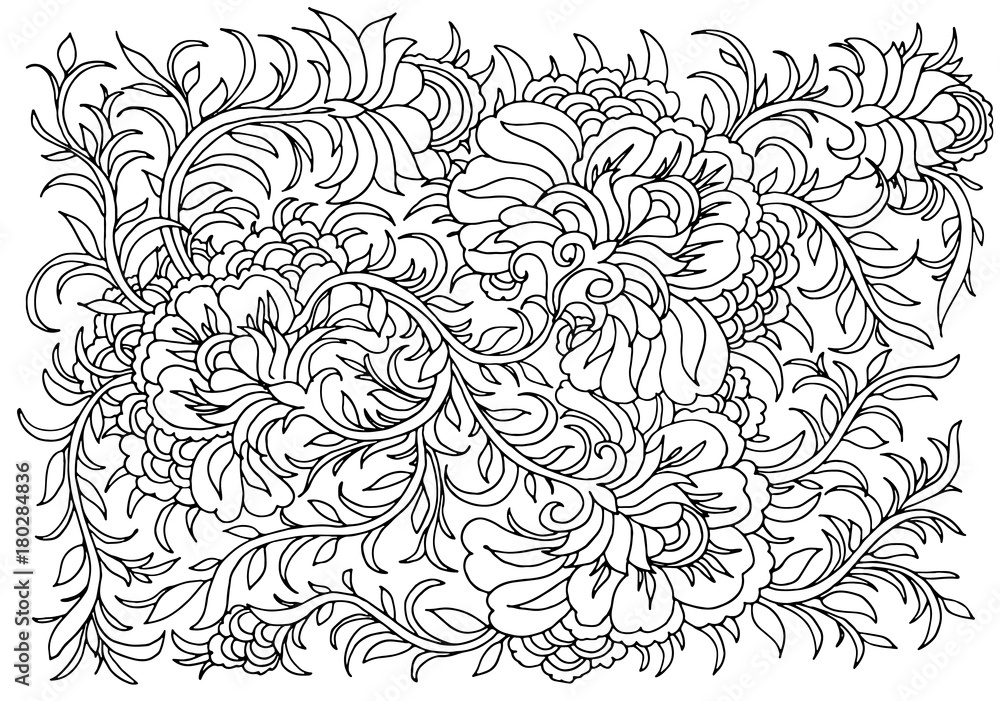 Background with flowers and plants. Black and white doodle vector illustration. Coloring book for adult and older children. Coloring page. Outline drawing. Background with flowers and plants. Black and white doodle vector illustration. Coloring book for adult and older children. Coloring page. Outline drawing.