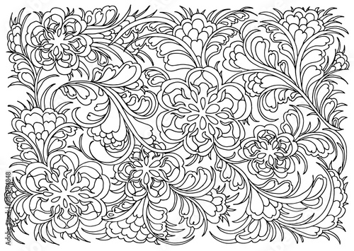 Background with flowers and plants. Black and white doodle vector illustration. Coloring book for adult and older children. Coloring page. Outline drawing.