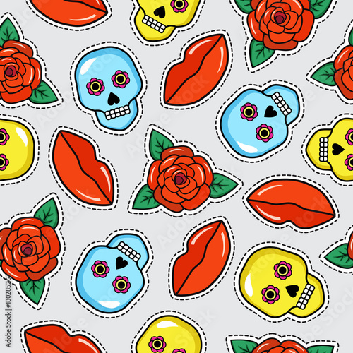 Seamless colorful pattern of fashion tattoo style patches. Mexican sculls, roses and lips stickers on gray background. Vector illustration