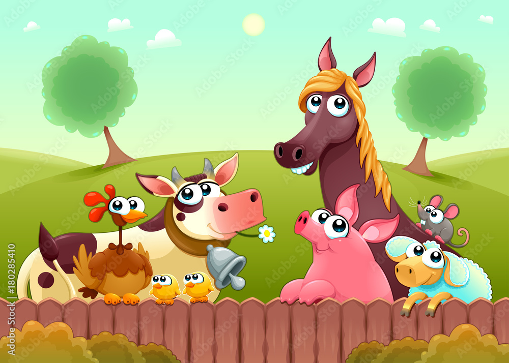 Naklejka premium Funny farm animals smiling near the fence