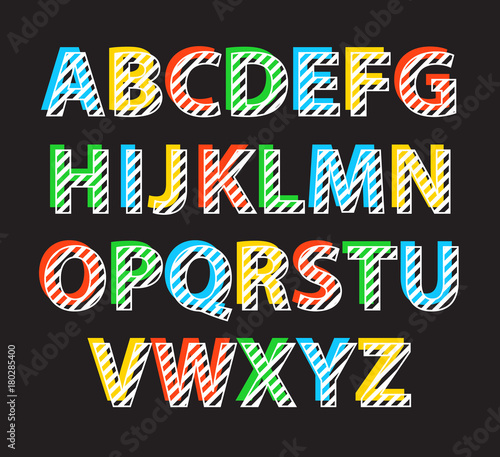 Colorluf alphabet with stripes design. Abc in memphis style. Vector illustration