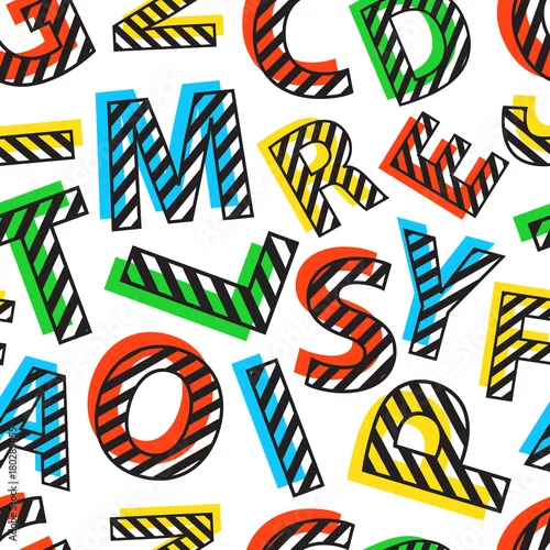 Tapety Bezszwowy wzór kolorowi listy na białym tle. Niemowlę, dzieci, szkolny design w czarne paski. Ilustracji wektorowych.