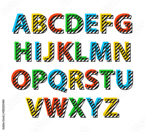 Colorluf alphabet with stripes design. Abc in memphis style. Vector illustration