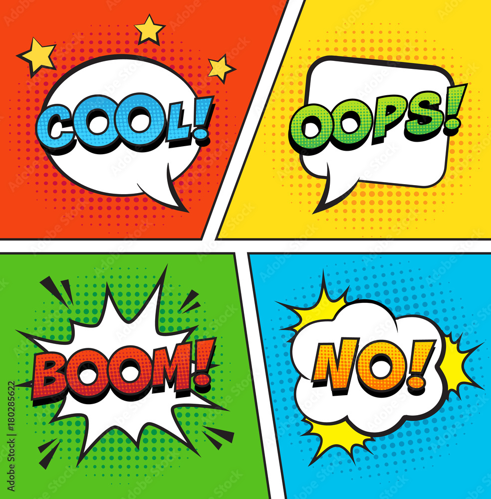 Retro comic speech bubbles set on colorful background. Expression text  OOPS, COOL, NO, BOOM. Vector illustration, vintage comic book design, pop  art comic bubbles style. Stock Vector | Adobe Stock