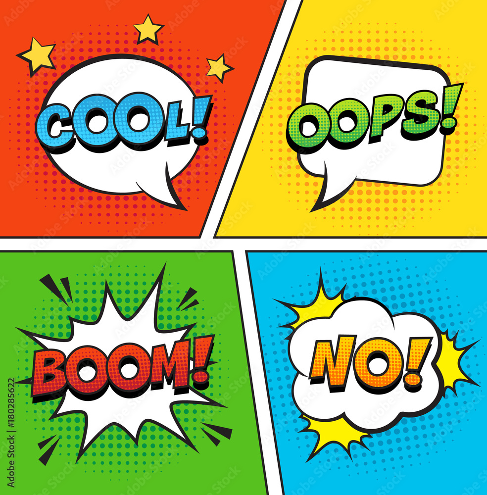 Retro comic speech bubbles set on colorful background. Expression text ...