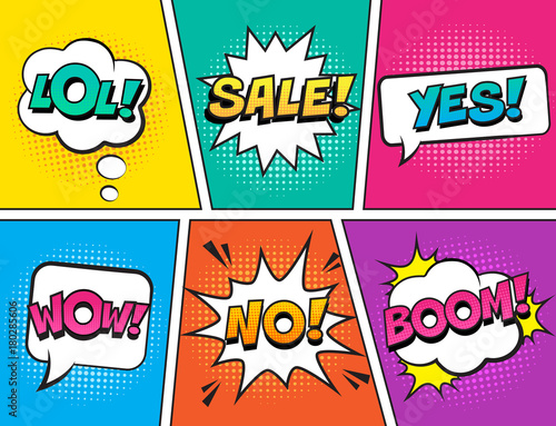 Retro comic speech bubbles set on colorful background. Expression text LOL, NO, WOW, YES, SALE, BOOM. Vector illustration, vintage design, pop art style.