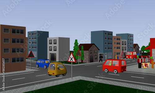 Kreuzung mit rechts vor links Regelung mit drei bunten Autos. Mit deutschen Straßenschildern