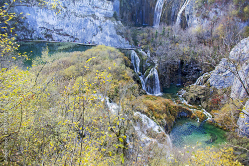 Autumn view of beautiful waterfalls in Plitvice Lakes National Park, Croatia