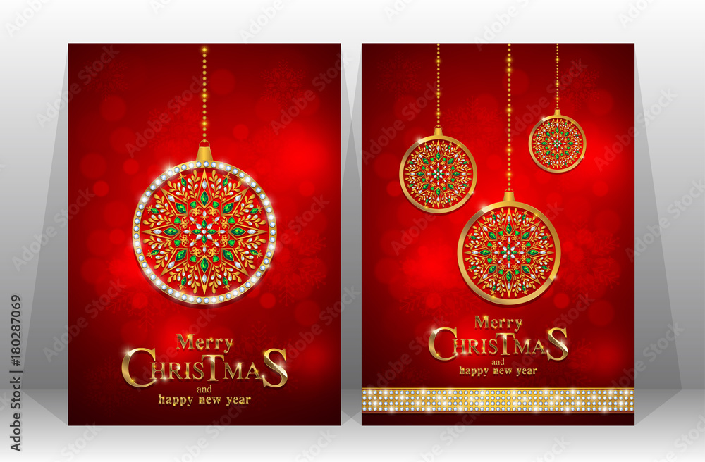 Naklejka premium Christmas Greeting and New Years card templates with gold patterned and crystals on background color.
