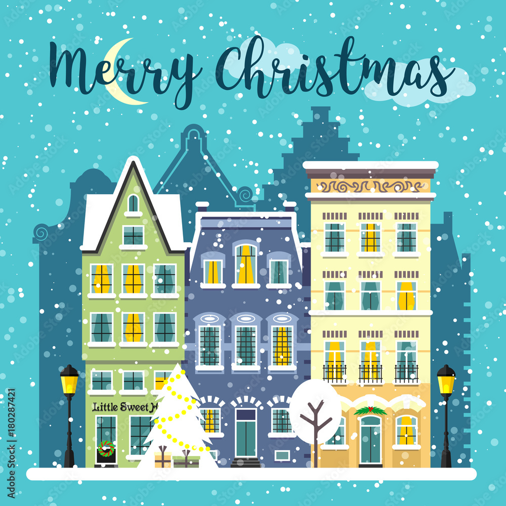 Winter Christmas decorated street landscape. Snowy city urban composition. Merry Christmas card and banner. Vector flat cartoon illustration.