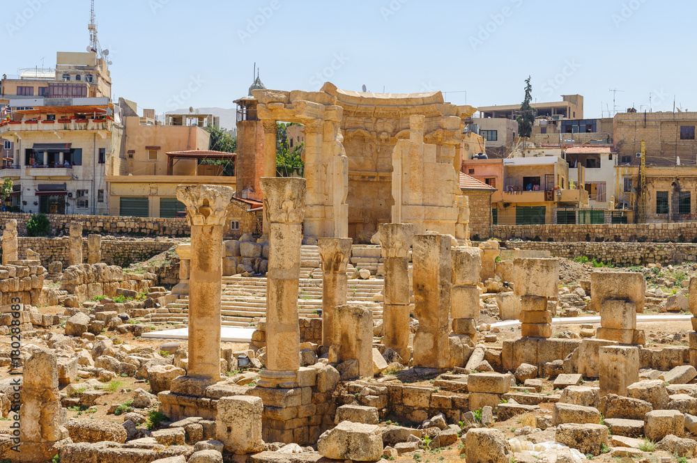Baalbek Ancient city in Lebanon.Columns.Heliopolis temple complex.near the border with Syria.