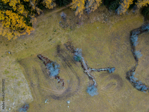 Aerial view of stone pattern on pasture