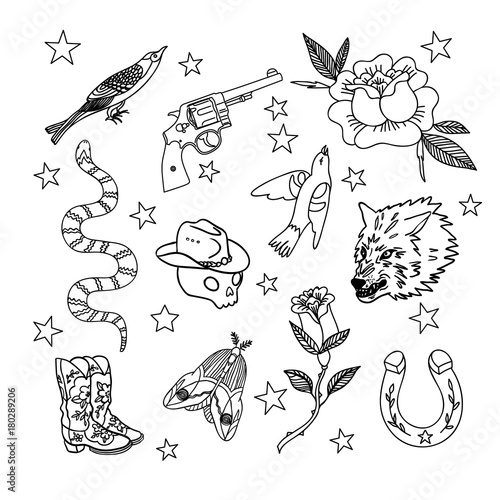 Set of western patches elements. Set of stickers, pins, patches and handwritten notes collection in cartoon 80s-90s comic style.Vector stikers kit