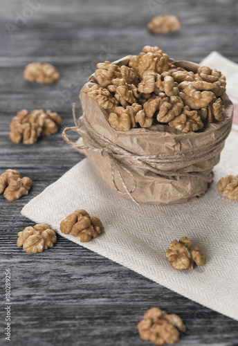 Walnuts on a wooden table