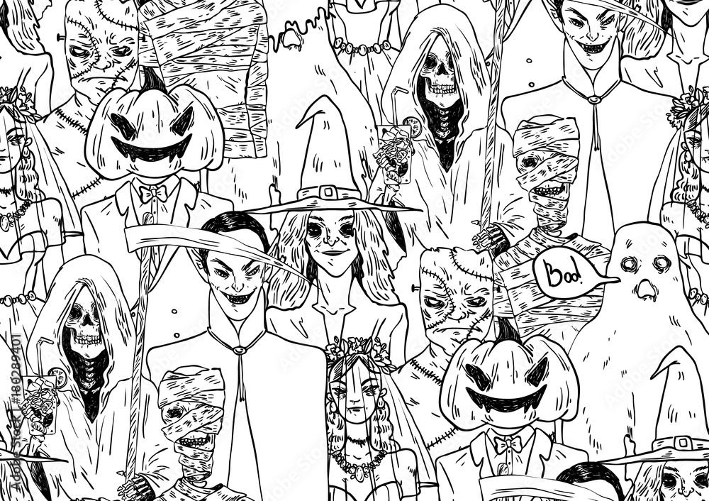 Halloween seamless pattern with doodle drawings monsters. Vector illustration