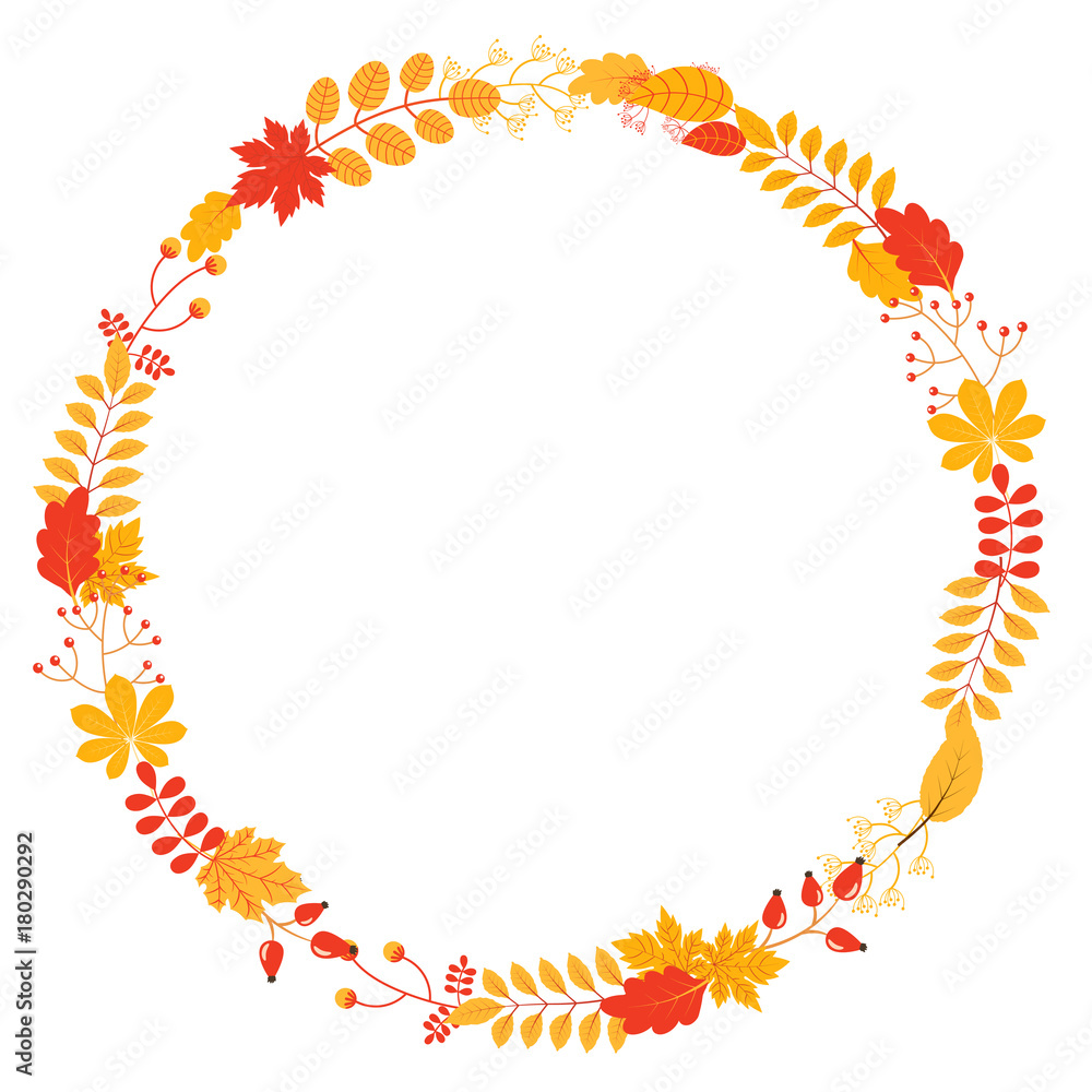Vector fall wreath with leaves and twigs in yellow and red colors for autumn designs, greeting cards and scrapbooking Vector fall wreath with leaves and twigs in yellow and red colors for autumn designs, greeting cards and scrapbooking