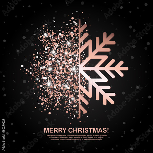 Fototapeta Merry Christmas banner with Rose Gold Glowing Snowflake on black geometric background