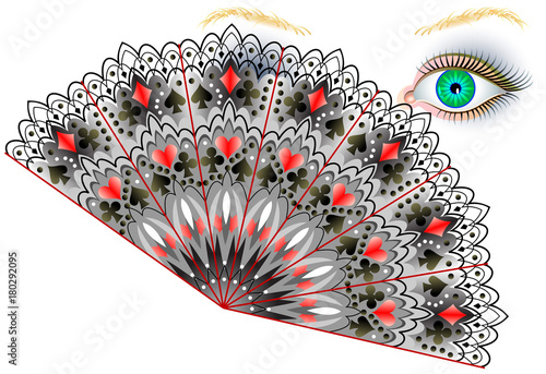 Portrait of a sorceress hiding behind a beautiful fan. Vector cartoon image.