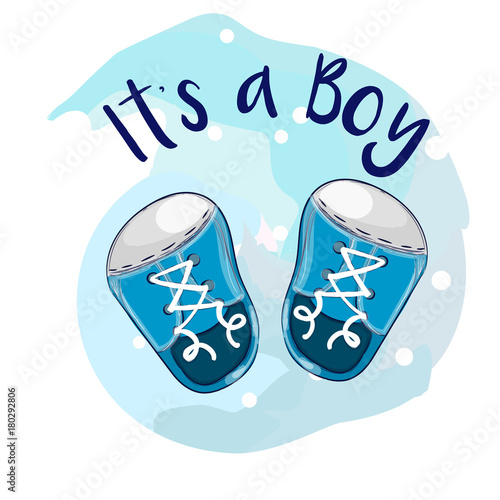 It's a Boy baby shower greeting card. Blue boy sneakers, vector illustration