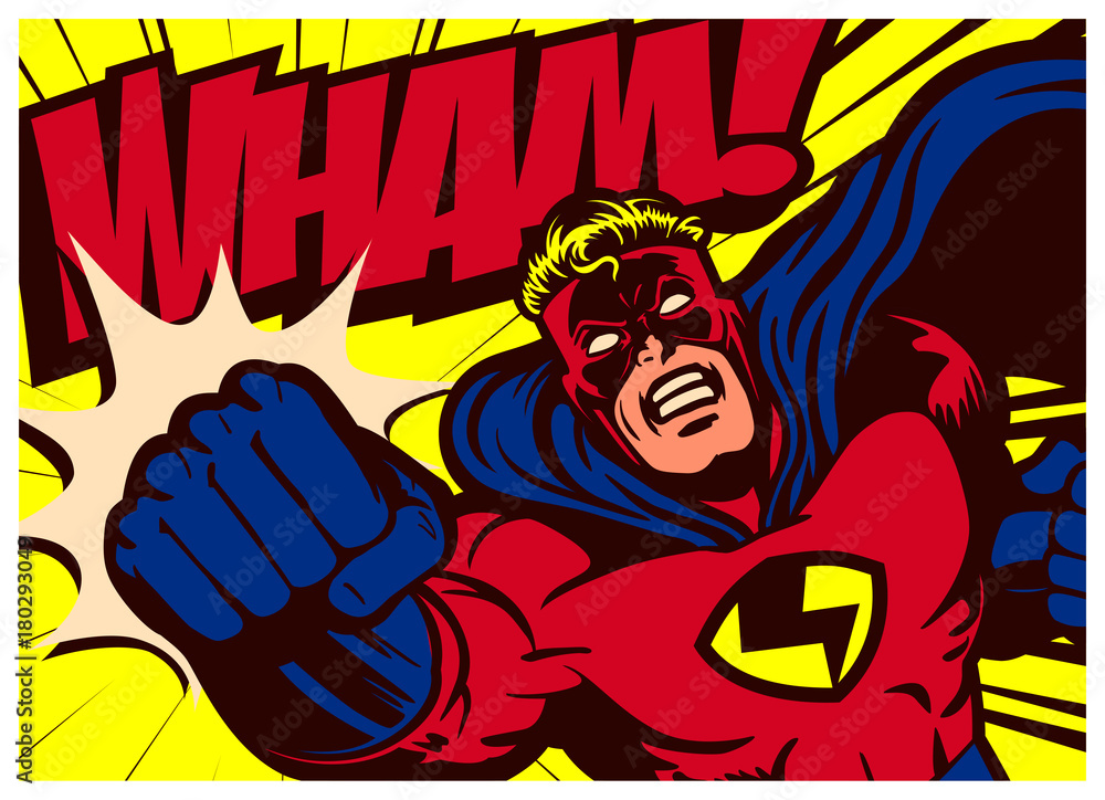 Pop art comics style superhero punching vector poster design wall  decoration illustration Stock Vector | Adobe Stock
