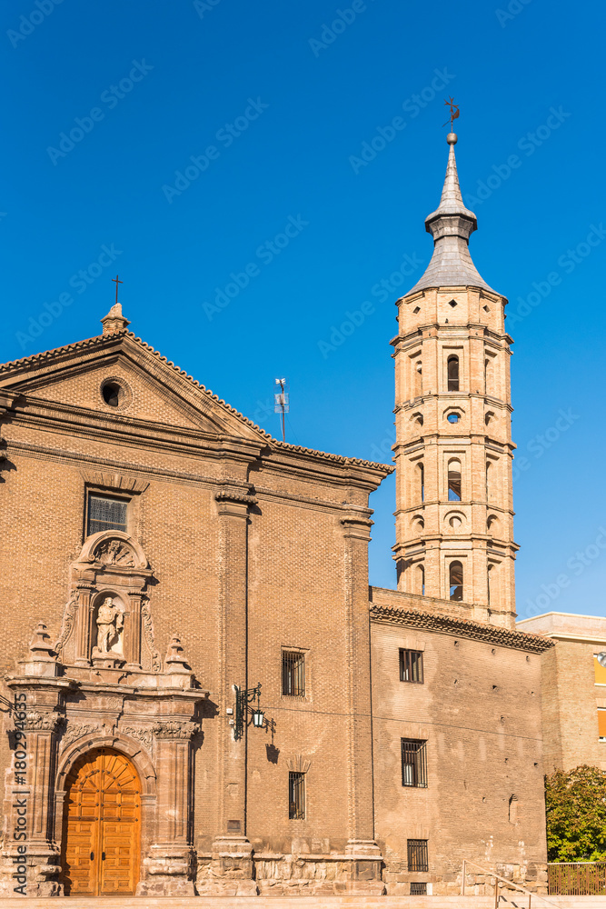 Church of Iglesia de San Juan de los Panetes, Zaragoza, Spain. Copy space for text. Vertical.