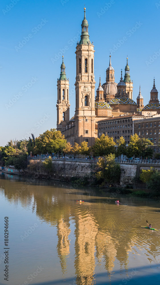 The Cathedral-Basilica of Our Lady of Pillar - a roman catholic church, Zaragoza, Spain. Copy space for text. Vertical.