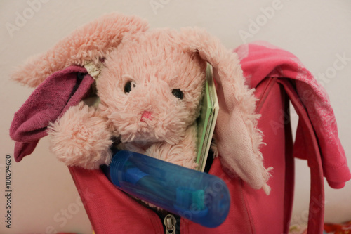 Close up of child's backpack ready for sleepover