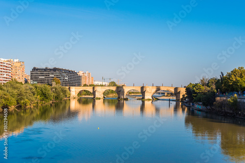 Bridge over the Ebro River, Zaragoza, Spain. Copy space for text.