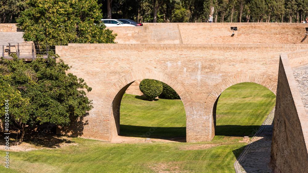 View of the bridge in the castle of Aljaferia, built in the 11th century in Zaragoza, Spain. Copy space for text.