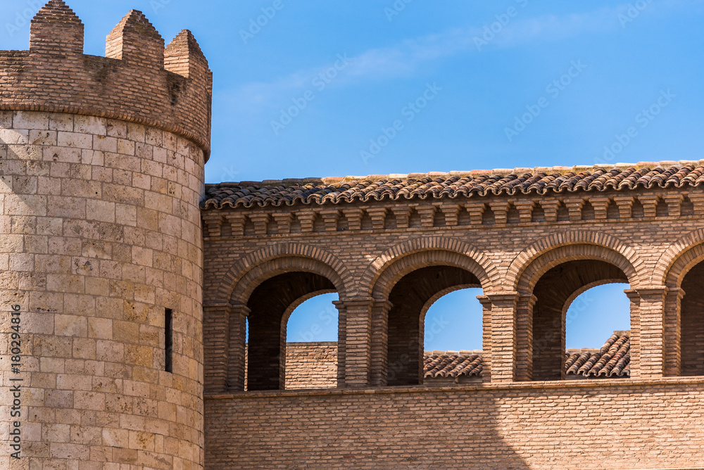 View of the palace Aljaferia, built in the 11th century in Zaragoza, Spain. Close-up. Copy space for text.