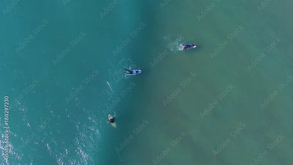 Aerial view of surfers in an amazing and unspoiled beach Aerial view of surfers in an amazing and unspoiled beach