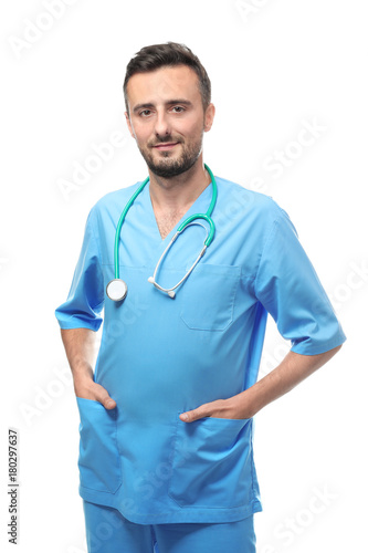 Young doctor on white backg...