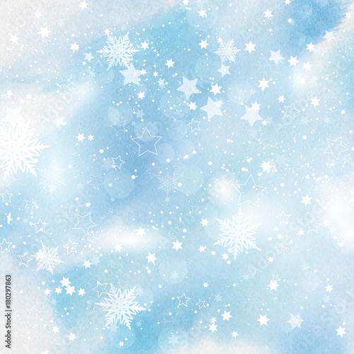 Snowflakes and stars on watercolour background