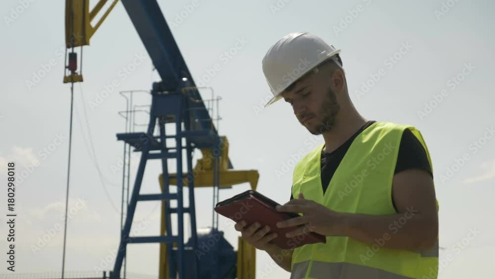Confident young engineer analyzing schedule for oil activity processing on his tablet Confident young engineer analyzing schedule for oil activity processing on his tablet