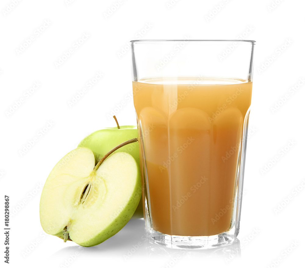 Glass with fresh apple juice on white background Glass with fresh apple juice on white background