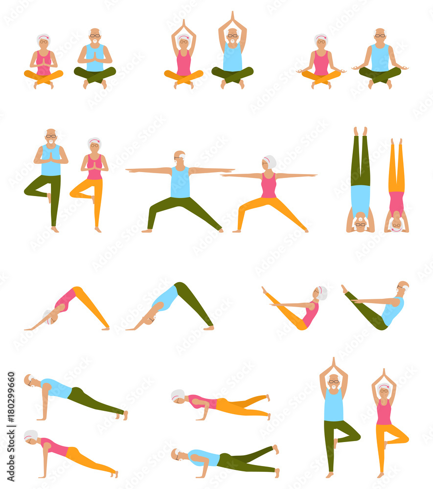 Elderly People Practice Yoga. Set of Asanas. Relax and Meditate. Healthy Pension Lifestyle