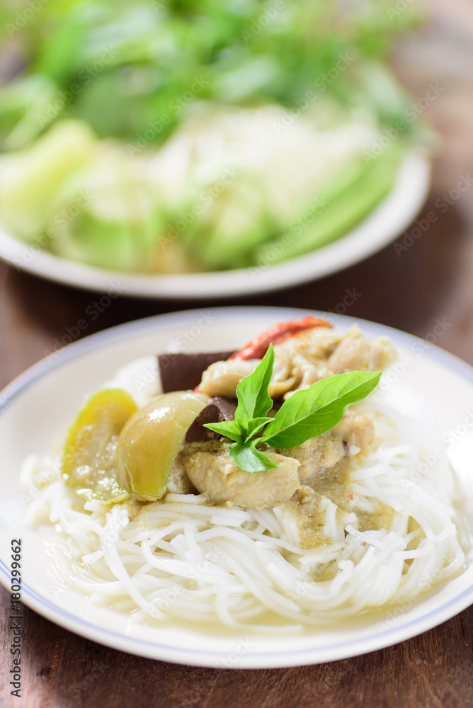 Thai food, rice vermicelli noodles with green curry chicken