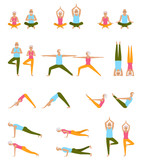 Elderly People Practice Yoga. Set of Asanas. Relax and Meditate. Healthy Pension Lifestyle