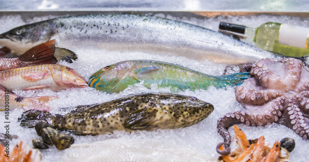 Seafood on ice at the fish market Seafood on ice at the fish market