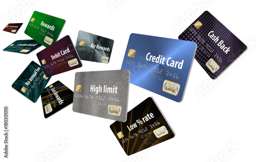 Choosing the right credit card is the theme of this illustration that includes cash back card, air miles rewards card, low interest rate card, high limit card, no annual fee card etc. photo