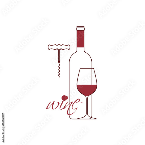 A bottle of wine, a glass and a corkscrew. Linear icons. Vector illustration.