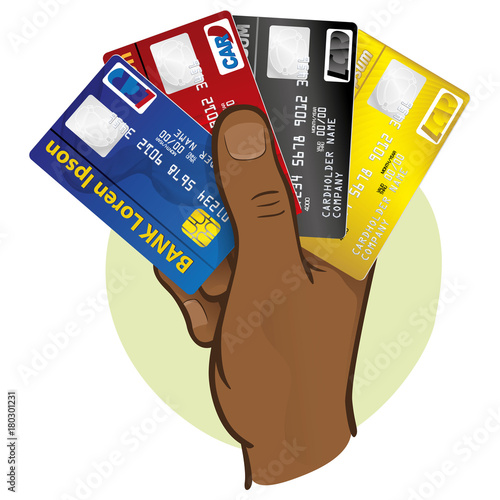 Illustration is the close of a hand holding a credit card, African descent. Ideal for financial campaigns