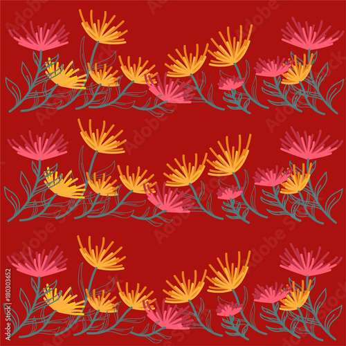 Orange and yellow flower on a red background style Transverse pattern, illustration with colorful.