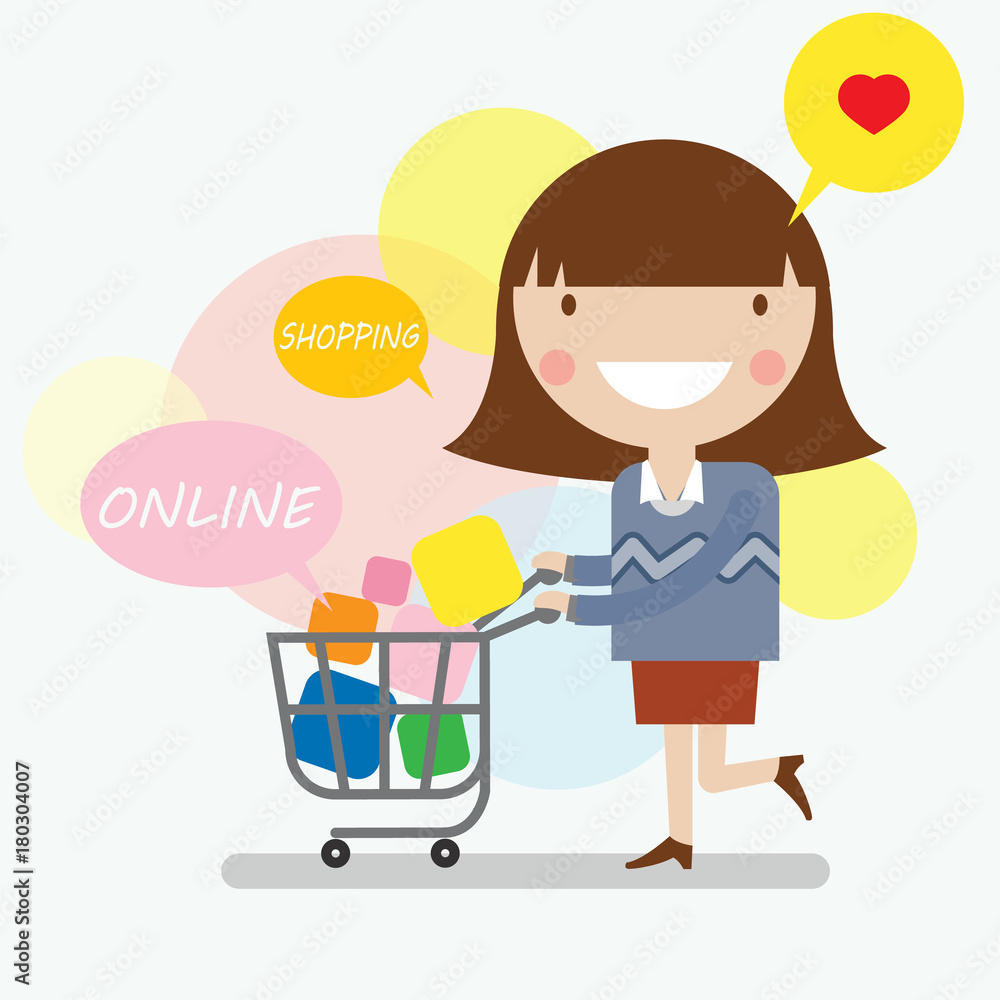 Little lady with shopping online store ,eCommerce business concept Little lady with shopping online store ,eCommerce business concept