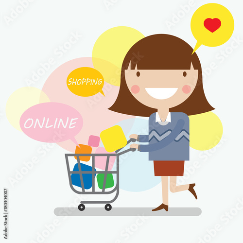 Little lady with shopping online store ,eCommerce business concept