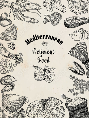 delicious mediterranean food, broccoli, calamari, cheese, crab, eggs, fish, flour, garlic, lettuce, lobster, mushroom, mussels, pepper, pizza, prawn, shell, shrimp, spaghetti, squid