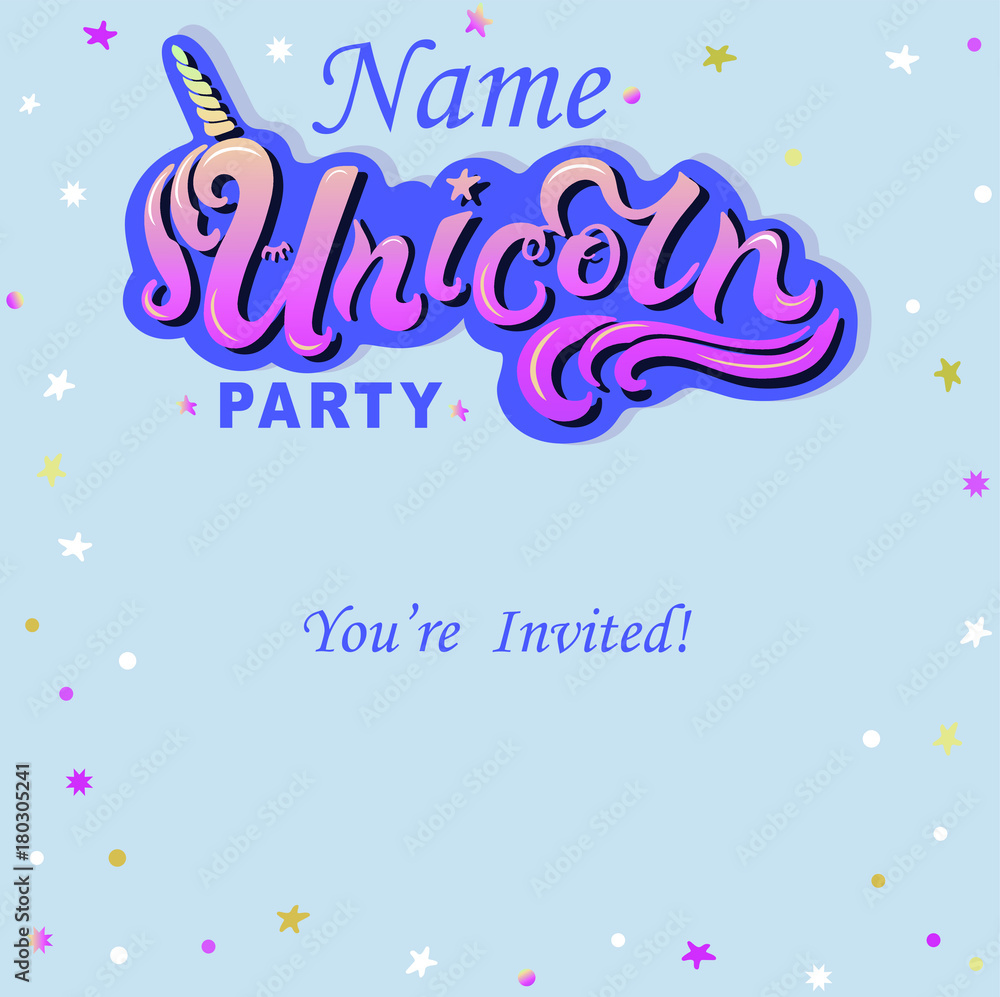 Template with hand drawn Unicorn lettering on blue background. Vector illustration. Banner, poster, birthday, greeting card, template. Illustration isolated on background.