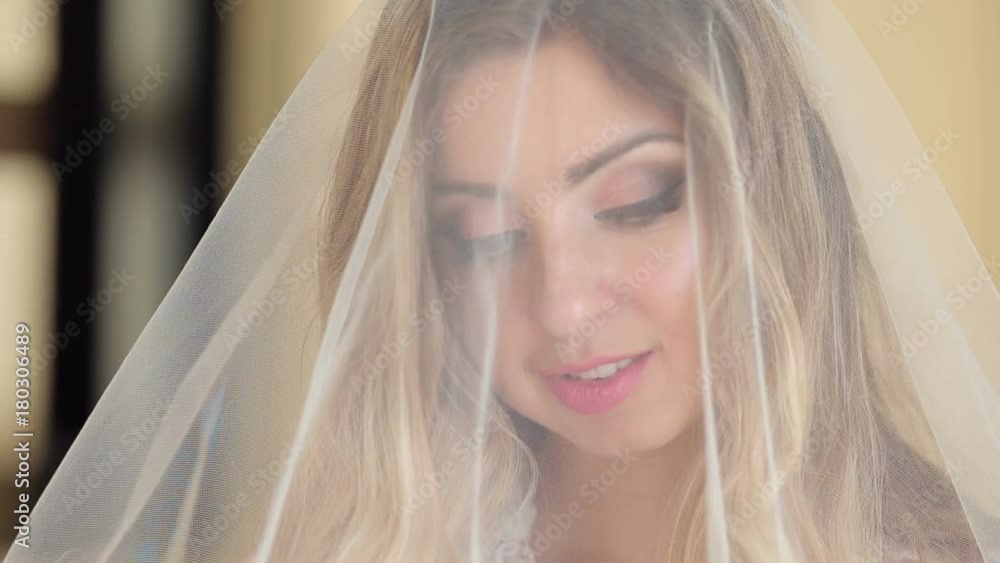 Close-up face of beautiful bride with long hair with veil-covered head. Close-up face of beautiful bride with long hair with veil-covered head.