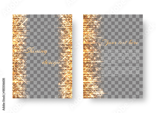 Template for the design of the postcard with golden flashes of light and bokeh lights