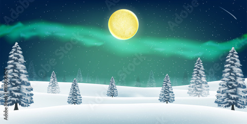 night winter snow forest hill with aurora in sky